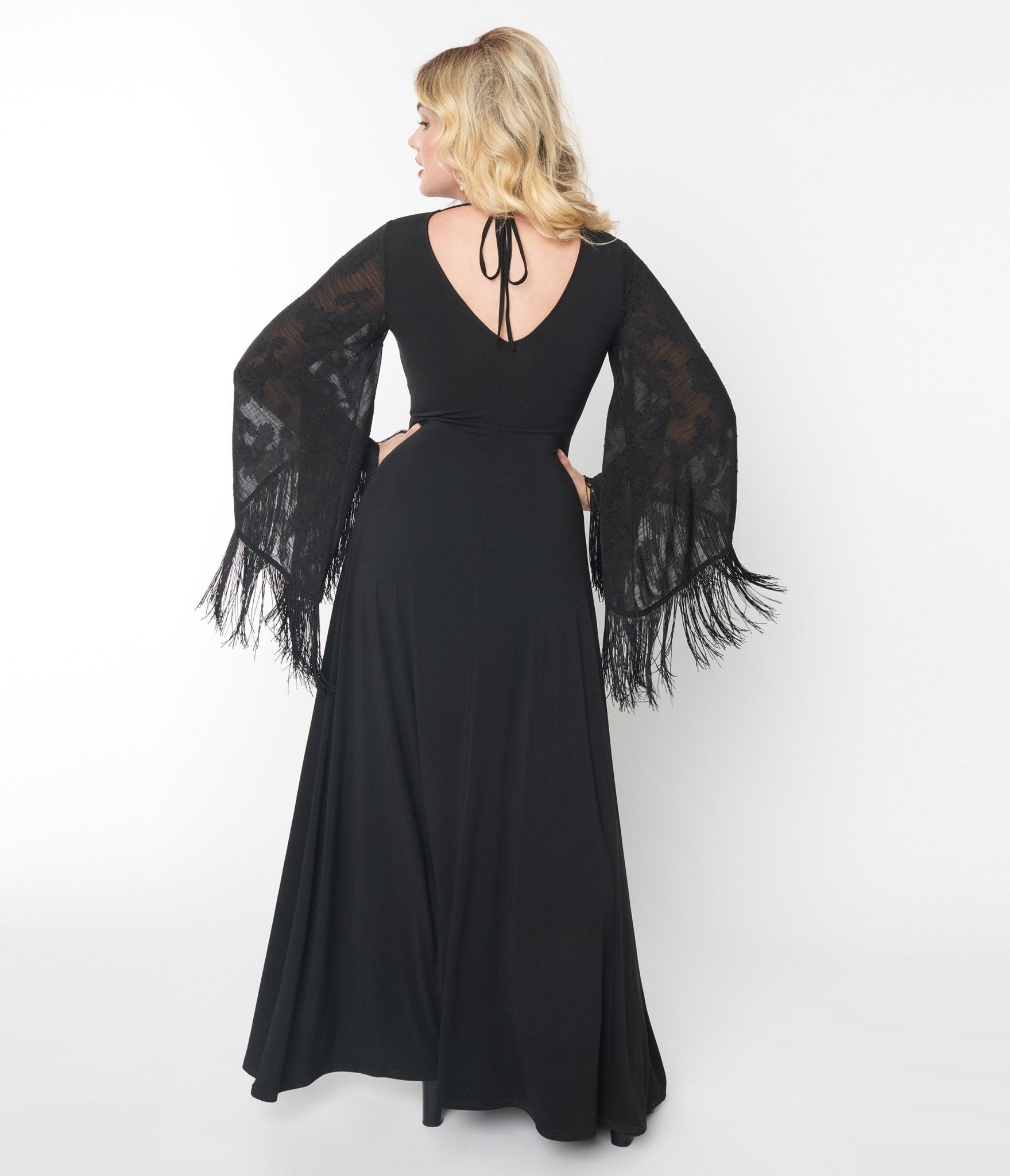 Smak Parlour 1970s Black Floral Fringe Sleeve Stevie Maxi Dress