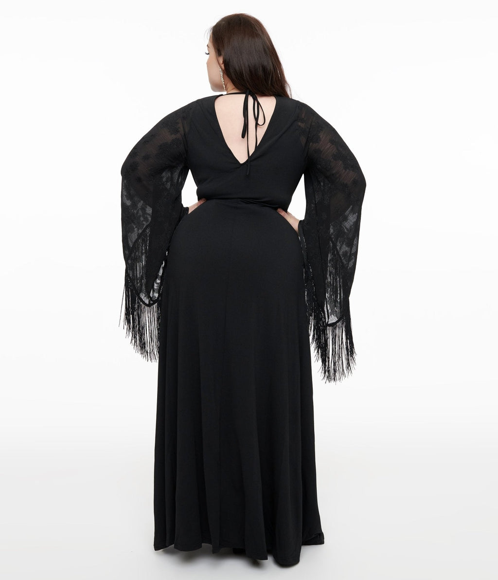 Smak Parlour Plus Size 1970s Black Floral Fringe Sleeve Stevie Maxi Dress